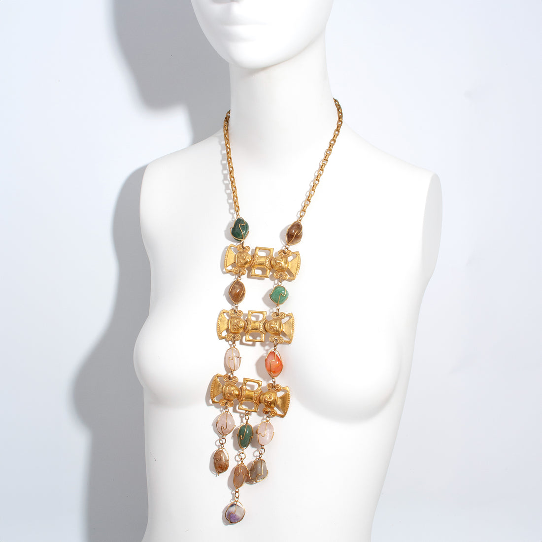 CASTLECLIFF MESOAMERICA: LARGE MAYAN FIGURAL PENDANT WITH SEMI PRECIOUS STONES